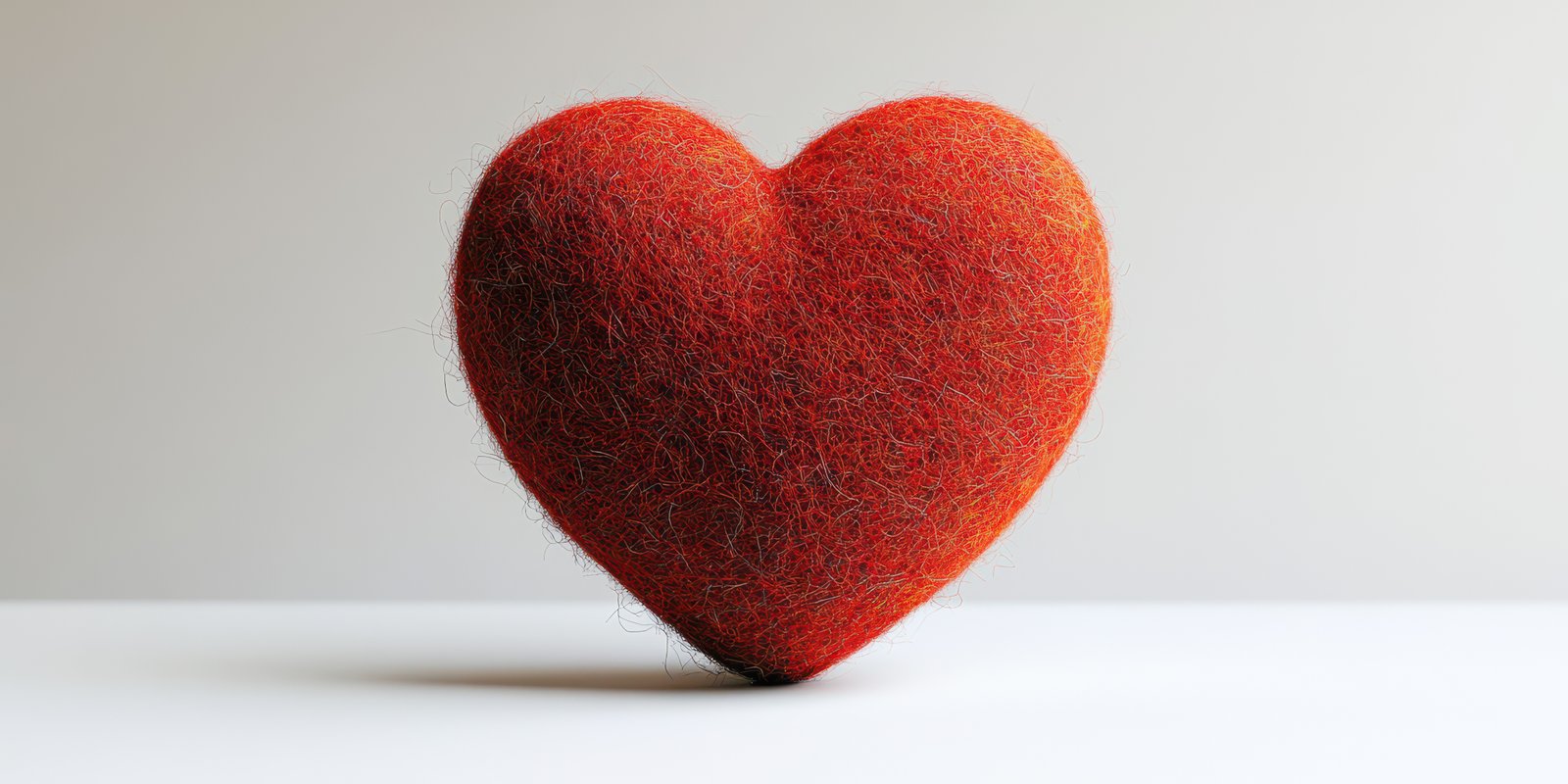 Soft felt heart shape in bright red color, symbolizing love and affection, placed on a simple white background